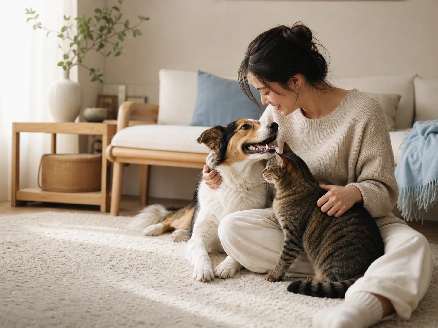 A pet owner relaxing at home with their dog and cat