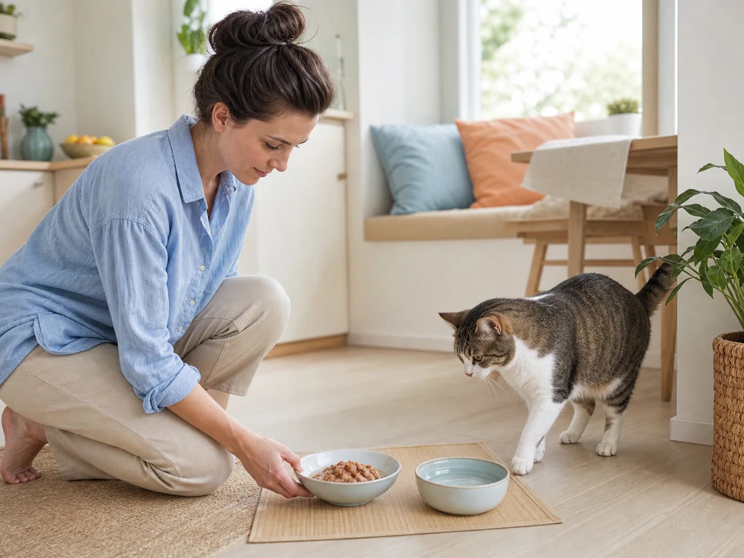 A pet owner serving a meal and fresh water to their cat