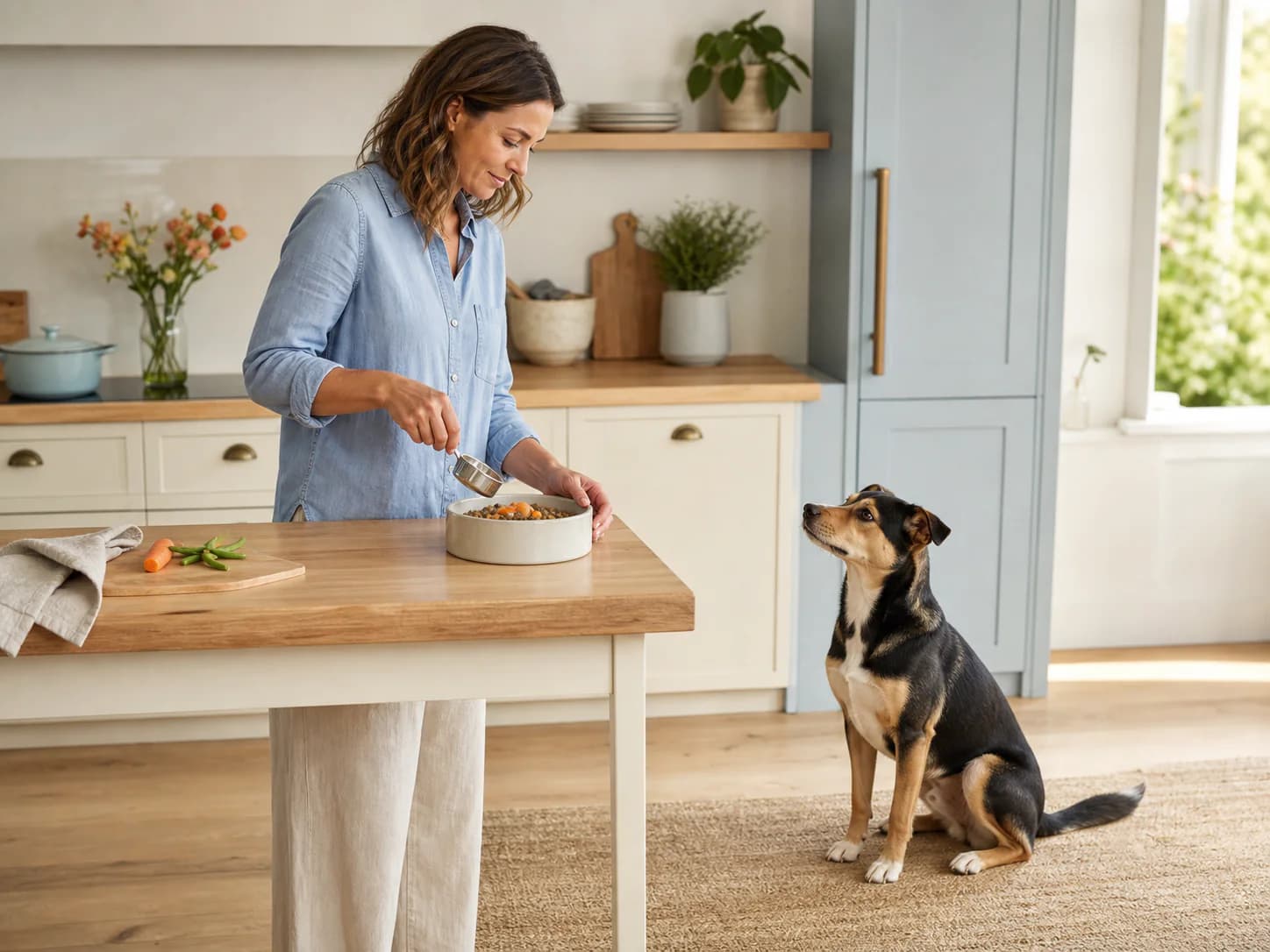 A pet owner preparing a measured meal for their dog