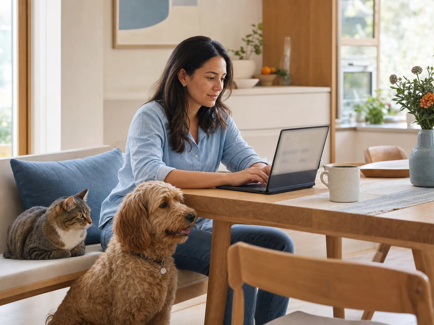 A pet owner beginning the MealPets intake with a dog and cat nearby