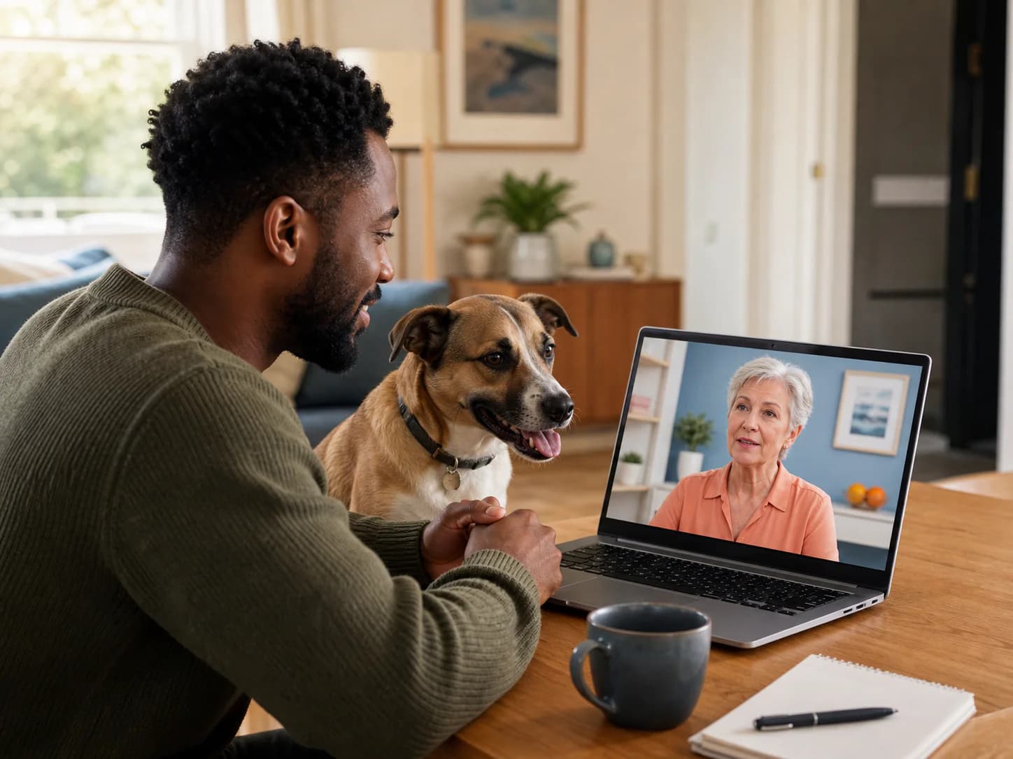 A pet owner and dog meeting with a pet nutritionist by video