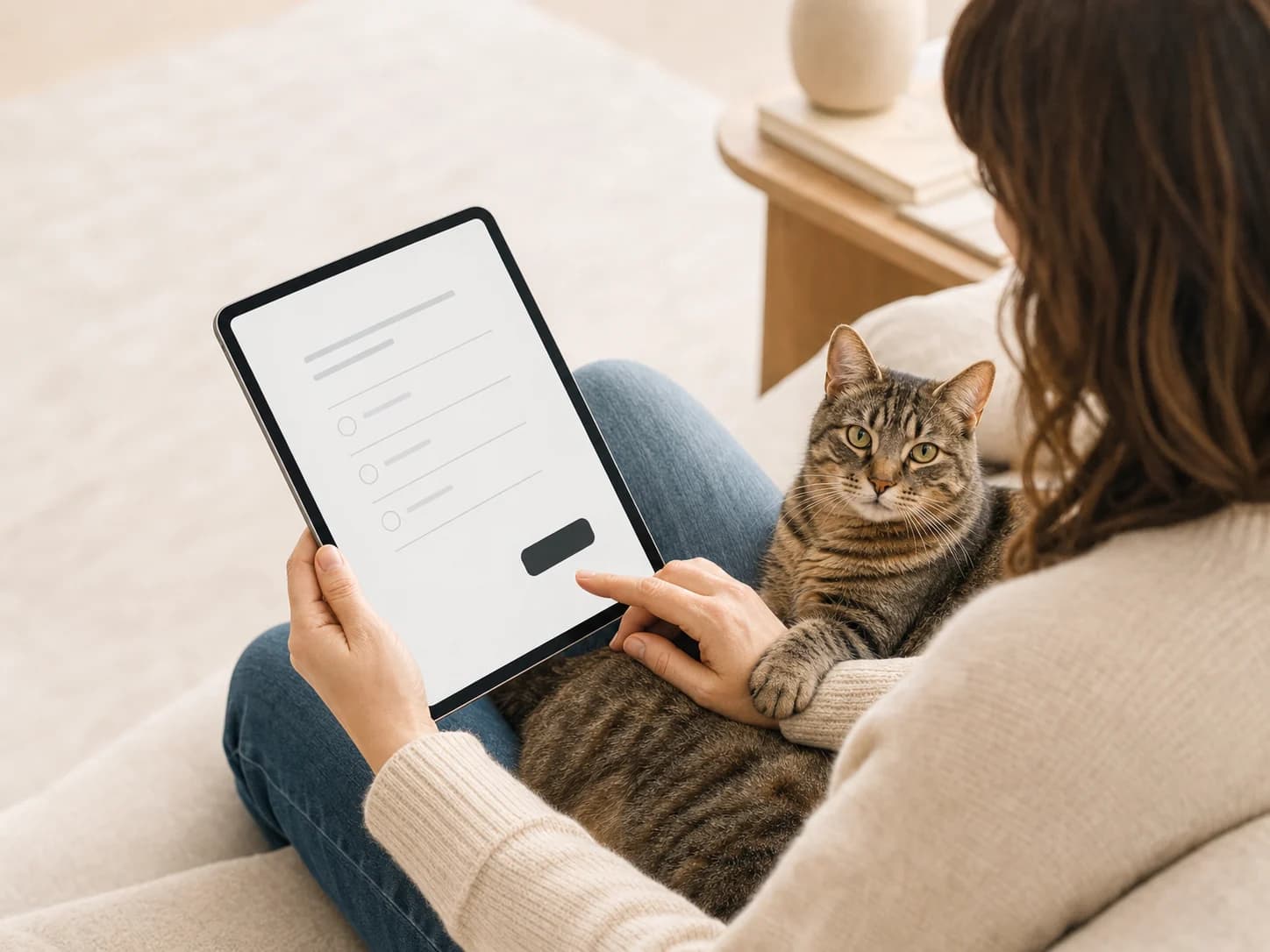 A pet owner completing an online intake form with a cat beside them