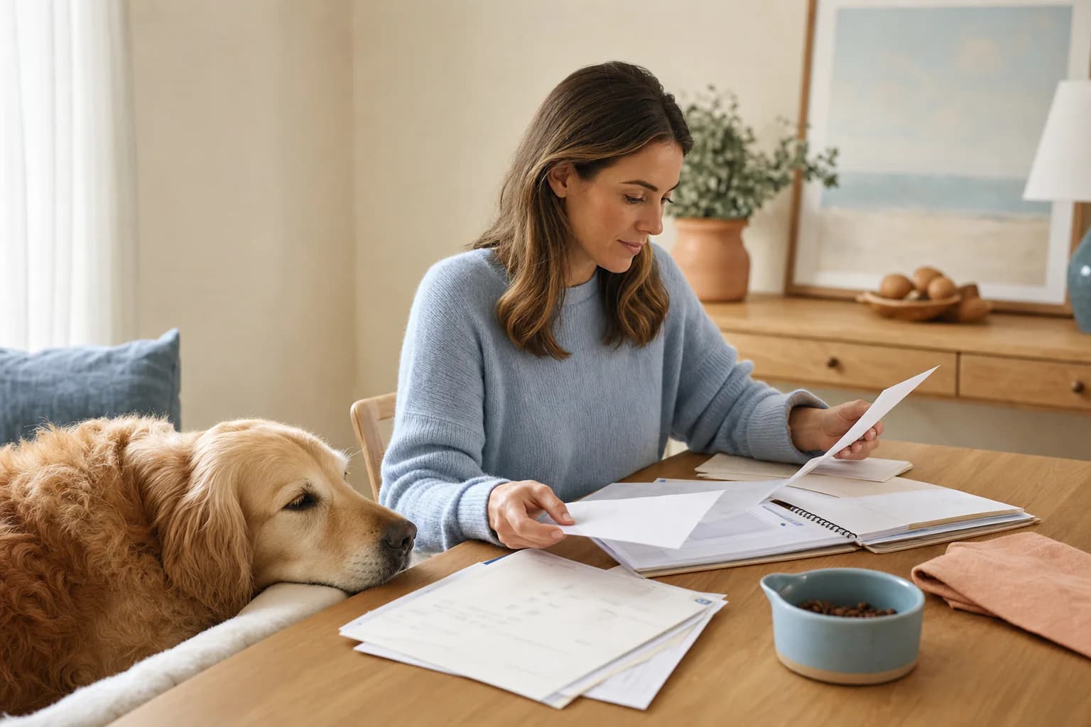 A pet owner organizing veterinary records and feeding notes with their pet nearby