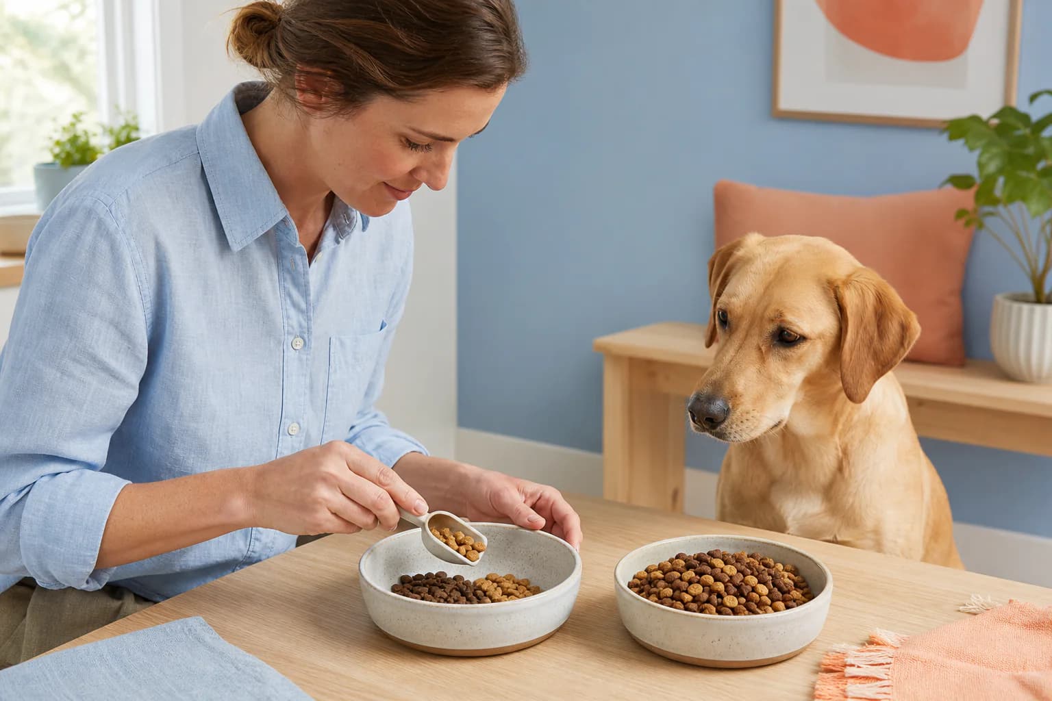 A pet owner preparing measured portions for a gradual food transition