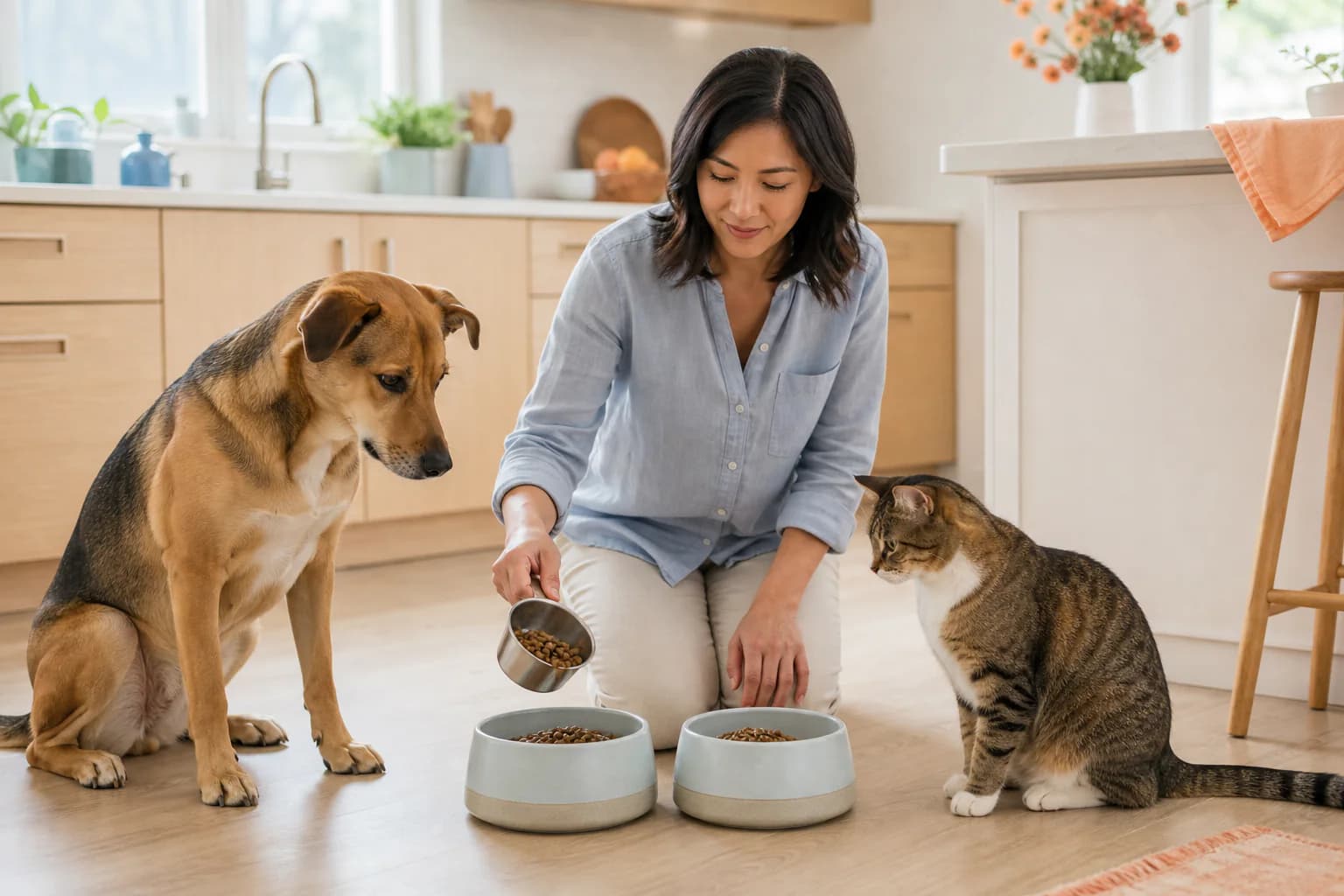 A pet owner measuring everyday meal portions for a dog and cat