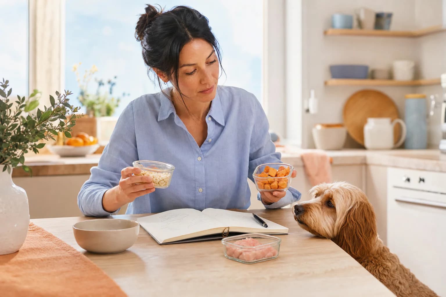 A pet owner thoughtfully reviewing ingredient options with their dog