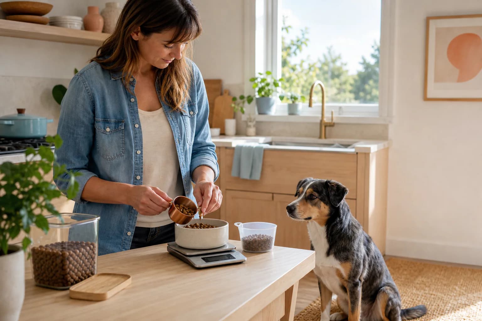 A pet owner measuring a dog's meal on a kitchen scale