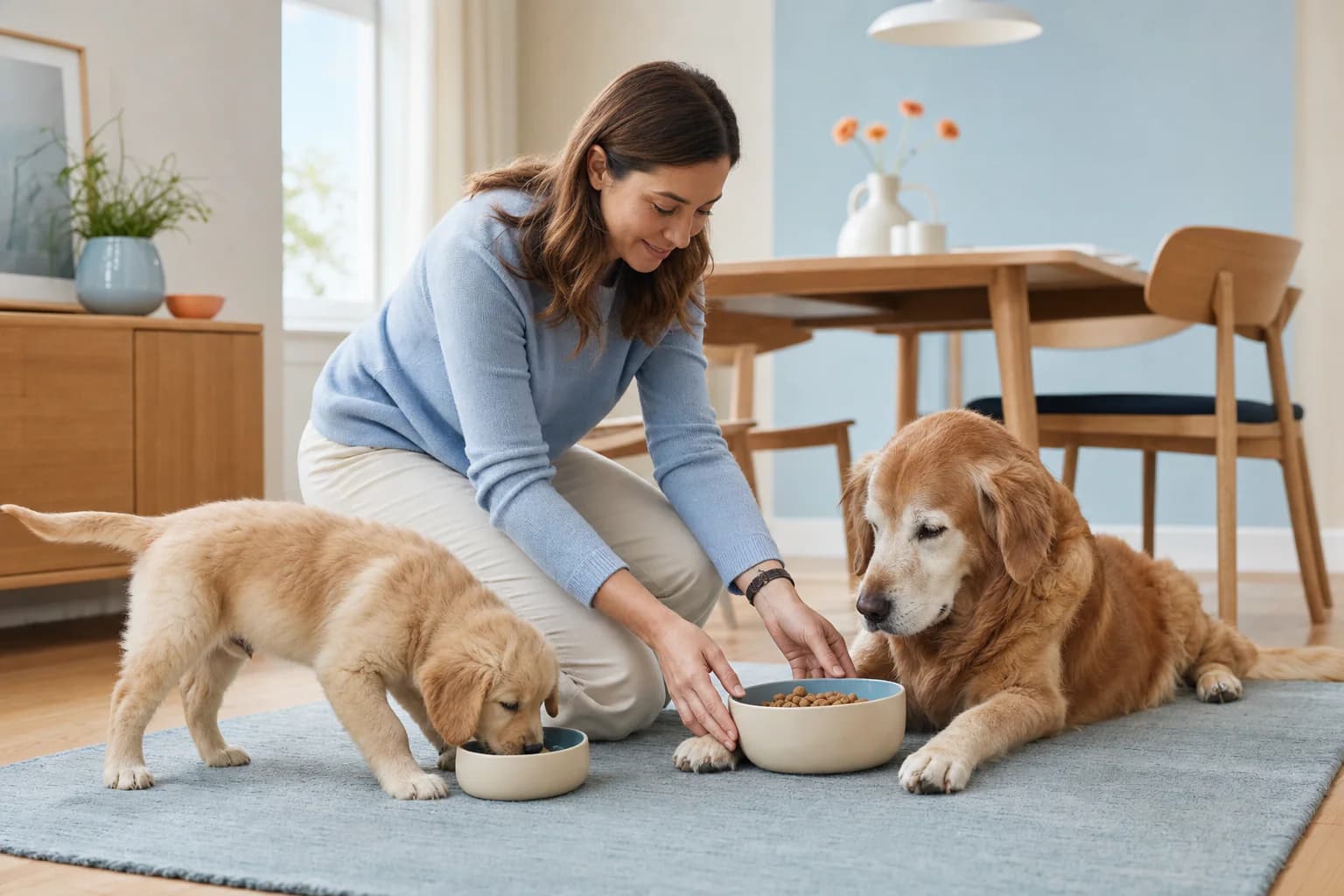 A pet owner caring for a puppy and a senior dog at mealtime